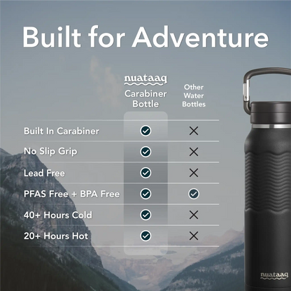 Black carabiner water bottle with carabiner on a mountain background, showing features of nuataaq carabiner bottles 