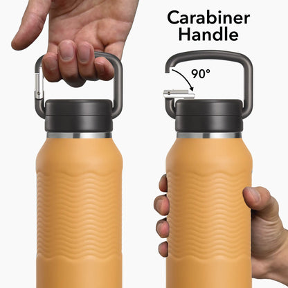 Yellow nuataaq carabiner water bottle with carabiner handle held by hands, showing a 90-degree angle.