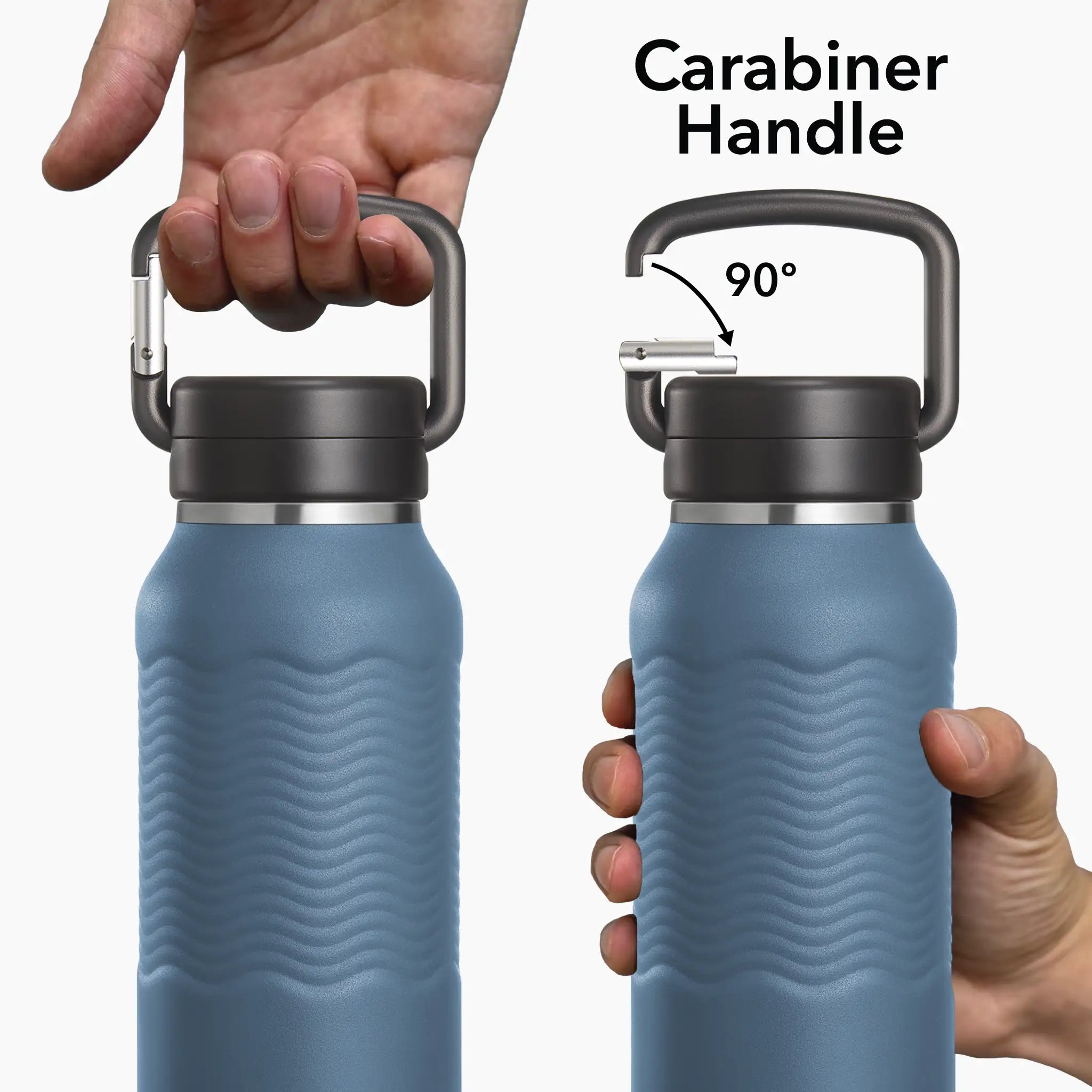 Blue carabiner water bottle with carabiner handle held by hands, showing a 90-degree angle. 