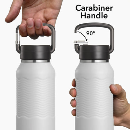 White nuataaq carabiner water bottle with carabiner handle held by hands, showing a 90-degree angle.