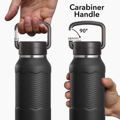 Black nuataaq carabiner water bottle with carabiner handle held by hands, showing the carabiner handle feature. 