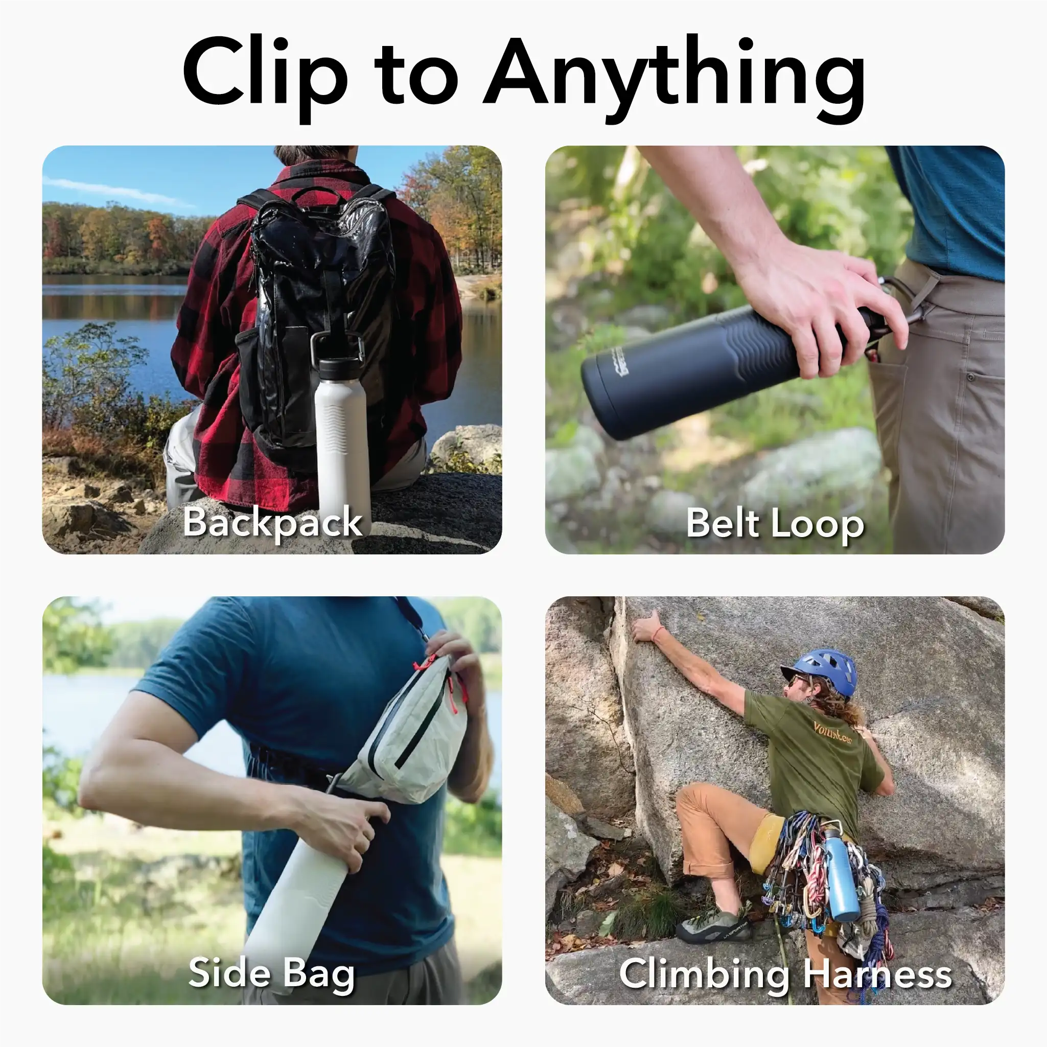 Nuataaq carabiner bottle in mist gray being used on a backpack, belt loop, side bag, and climbing harness with outdoor settings 