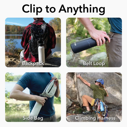 Nuataaq carabiner bottle in mist gray being used on a backpack, belt loop, side bag, and climbing harness with outdoor settings 