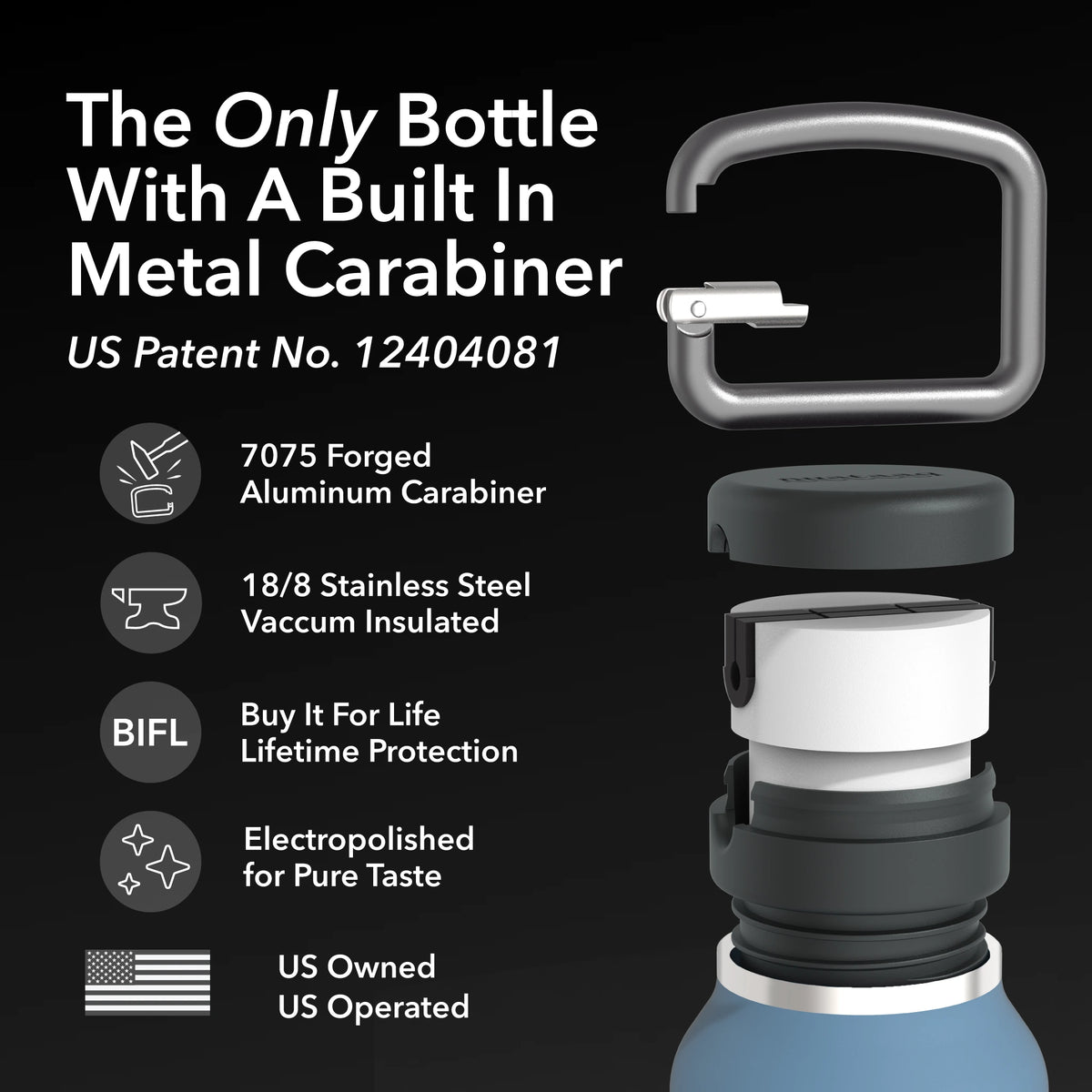 Nuataaq Carabiner Bottle 34 oz - Insulated Stainless Steel Water Bottle built in carabiner 