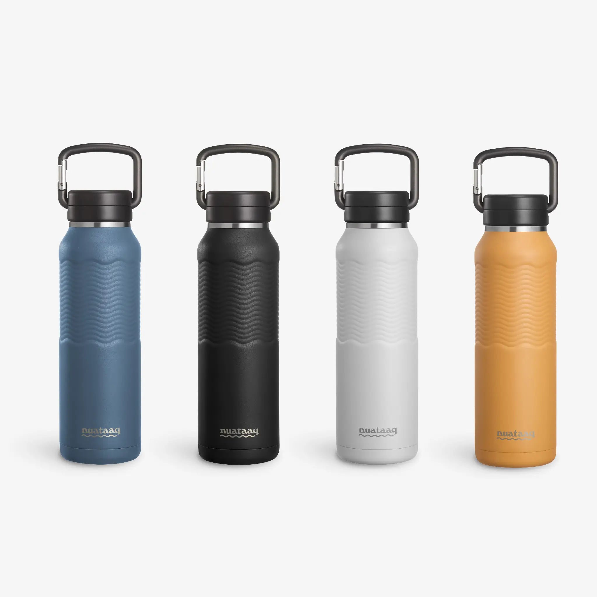 A lineup of the four core carabiner bottle colors, lake blue, obsidian, mist gray, and goldenrod